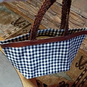 Talbots Gingham Checkered Large Tote Or Picnic Bag with Brown Leather Handles